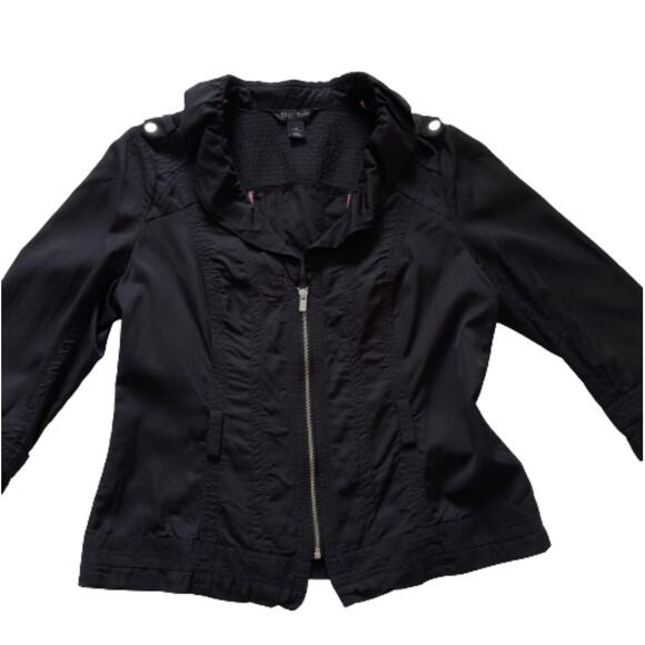 WHBM Jacket Black Zipper Front Ruffled Neck 3/4 Sleeve Utility Jacket Size 14 - Picture 7 of 12